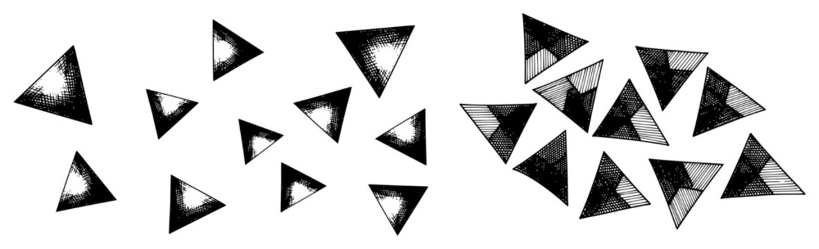 Geometric triangle shapes with various textured patterns in hand drawn doodle style