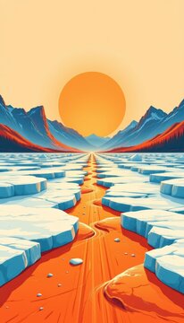 Glass ice pathways extending toward a sharp geometric float horizon are captured in a clean minimalist terracotta orange graphic illustration