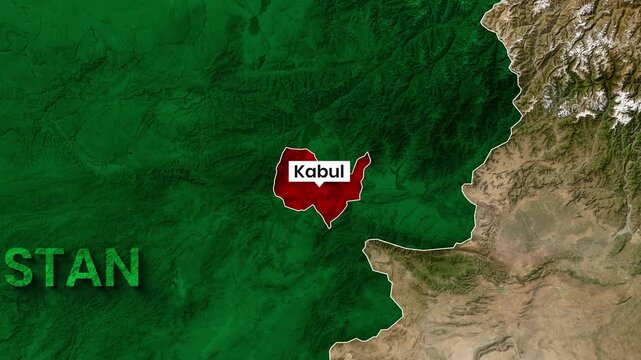 Afghanistan map highlighting Kabul city in motion animation footage