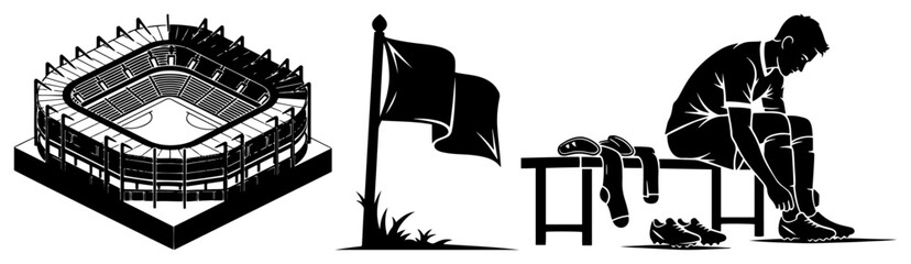 Soccer sports set featuring stadium corner flag and player on bench in silhouette style © Aisha Kudorova