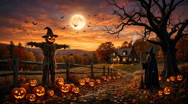 Halloween scene with a scarecrow and a witch standing by a house under a full moon