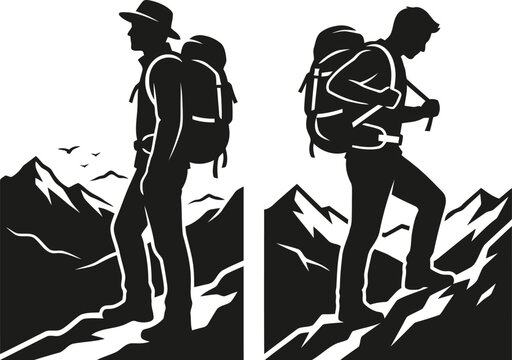 Silhouette of two hikers with backpacks on mountain peaks, split screen black and white outdoor adventure illustration