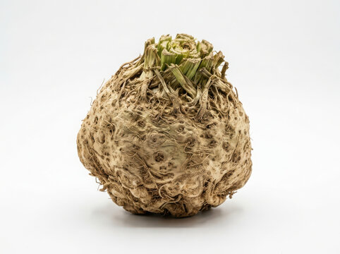 Fresh raw celeriac root vegetable with rough skin isolated for healthy cooking and culinary recipes isolated on white background