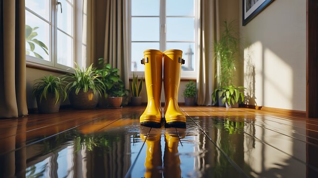 Yellow rain boots standing on wet wooden floor after indoor water leak