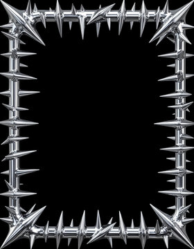 Black background with a square frame set, surrounded by pointed silver steel spikes