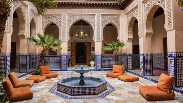 An elegant Moroccan riad courtyard featuring intricate blue zellige tiles, ornate plaster arches, a central octagonal fountain, plush orange cushions, and palm trees under natural light.