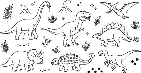 Prehistoric Dinosaur and Volcano Landscape Vector Line Art Cartoon Character Icon Set © MstBabli