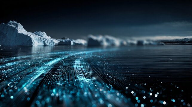 Shivering splendor: the chill beauty of greenland's scoresbysund. Smart technology. Icy reflections: frozen sea and shifting icebergs of hurry inlet. Human machine. Futuristic technology.