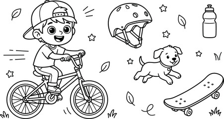 Boy riding bicycle skateboard helmet dog icon set vector illustration line art doodle with kid childhood active sport © vector design 