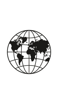 Black and white globe icon representing world map and global connections
