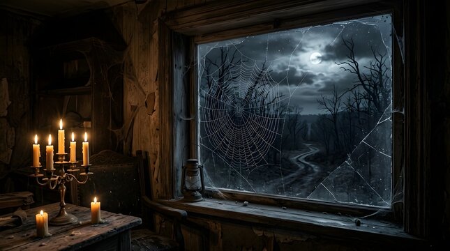 View from inside a dark abandoned room through a broken window with spiderwebs
