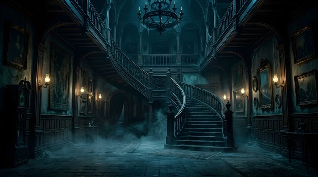 Dark and eerie haunted mansion interior with a grand staircase, chandelier, and fog
