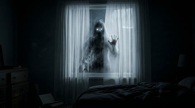 Spooky ghost silhouette standing outside a bedroom window at night