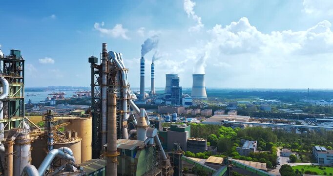 Industrial power plant and factory complex with cooling towers and smoke stacks under a blue sky, aerial view.