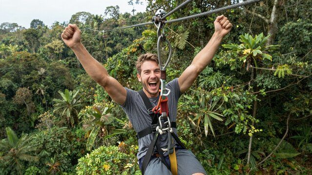 A joyful young man raises his arms while zip-lining over a lush green rainforest, capturing pure adrenaline and excitement.