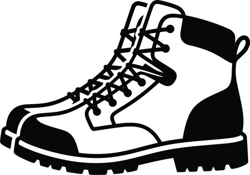 Black and White Hiking Boot Isolated on White Background, Outdoor Footwear Icon Illustration