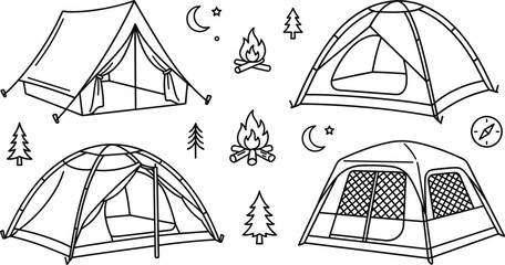 Camping tent campfire forest outdoor icon set vector illustration line art doodle with tree compass moon star mountain shelter © vector design 