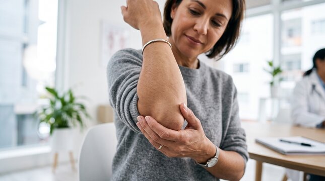 Mature woman touching her sore elbow during a medical consultation