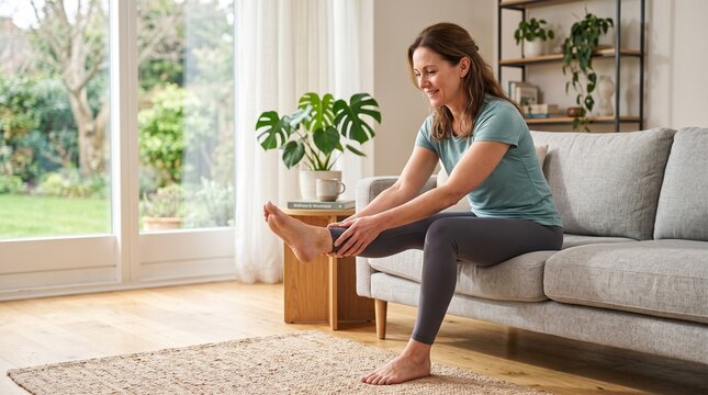Mature woman stretching leg on sofa in living room for fitness wellness