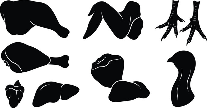 Raw Chicken Meat Cuts Drumstick Wing Feet Liver And Gizzard Silhouette Vector Icon Set
