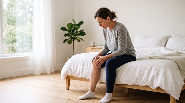 Middle-aged woman sitting on bed in bedroom feeling painful knee injury