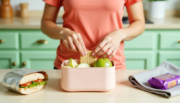 Preparing a healthy lunch box with crackers, sandwich, and fresh green apples in a kitchen