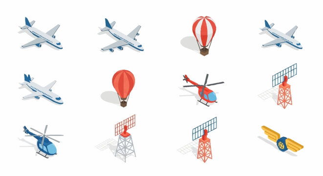 Collection of colorful aircraft and helicopter icons in isometric style.
