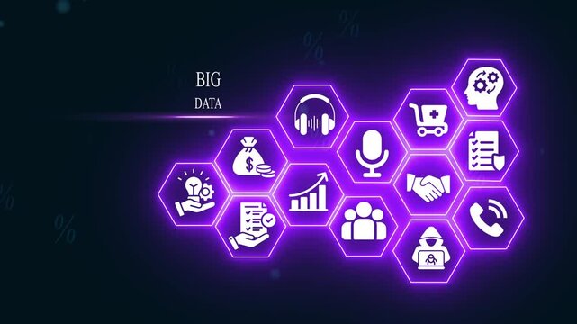 Big data analytics concept with glowing hexagonal digital business network and technology infographic motion