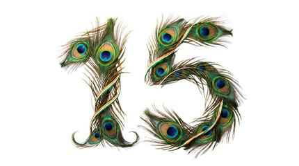 Obraz premium 3D typography of number 15 made with peacock feathers and tricolor ribbon, celebrating Indian Independence Day, isolated on transparent background.