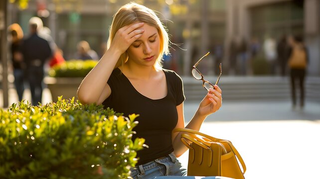 Young woman suffering from headache while sitting outdoors in urban park