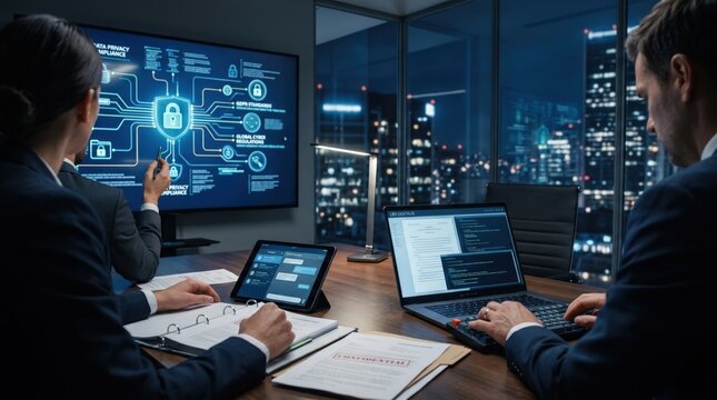 Business team discussing data privacy and cybersecurity compliance on digital screen in modern office, analyzing global cyber regulations and network security protocols for corp...