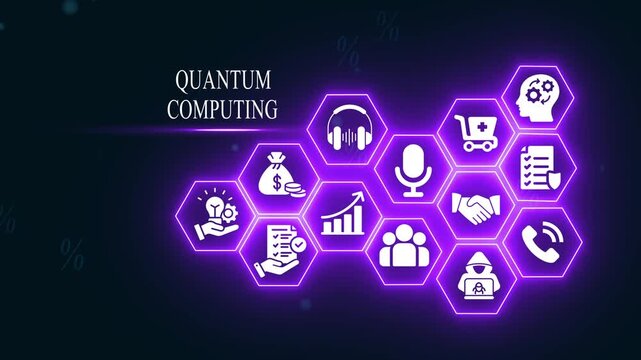 Quantum computing technology concept with glowing neon hexagon and digital data network innovation future