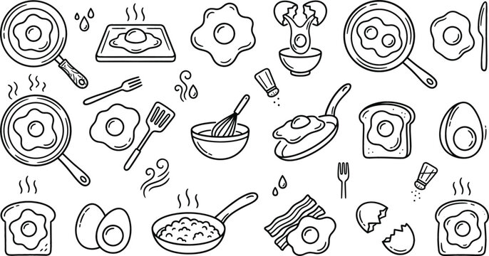 Egg fried pan breakfast cooking icon set vector illustration line art doodle with toast bowl bacon utensil toast