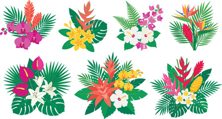 Tropical flower bouquet vector set featuring exotic plumeria hibiscus orchid monstera palm leaves and paradise botanical floral arrangements © Moner