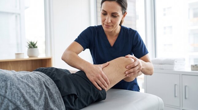 Professional physiotherapist examining patient knee in medical clinic