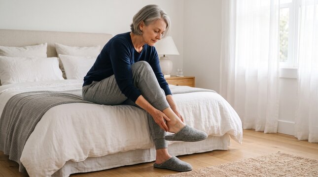 Senior woman sitting on bed putting on comfortable slippers in bedroom