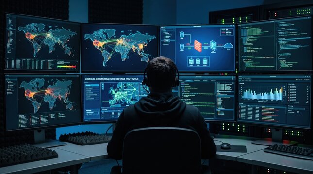 Cybersecurity analyst working in dark control room, monitoring global network traffic on multiple screens, defending critical infrastructure from digital threats and hacking att...