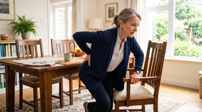 Senior woman struggling to stand up from dining chair with lower back pain