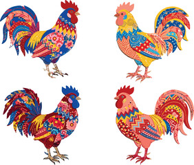 Colorful ornate rooster vector set with decorative patchwork patterns floral mandalas and vibrant bohemian folk art style designs © Moner