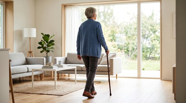 Senior woman walking with a cane inside a bright modern living room