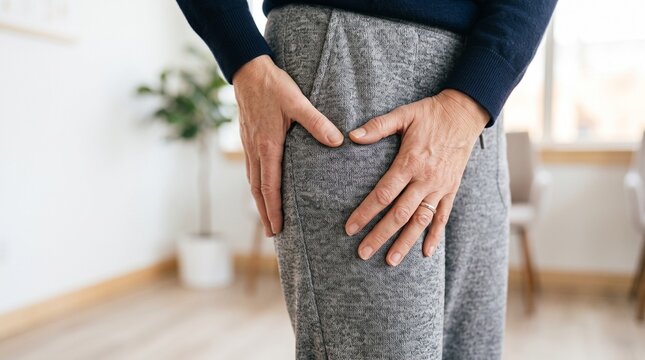 Senior woman touching hip to show pain or discomfort in a home interior