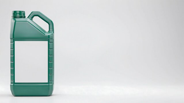 Green plastic chemical container mockup with blank label on clean background