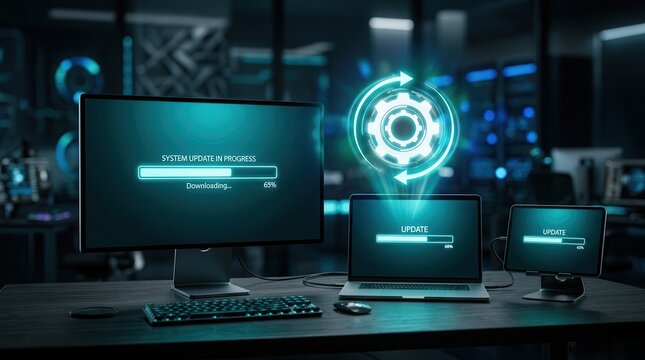 Software update progress bar displaying installation on a laptop, tablet, and monitor.