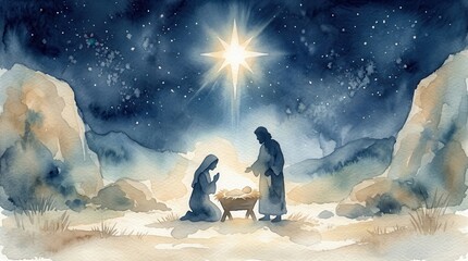 Fototapeta premium Watercolor nativity scene featuring the holy family celebrating the birth of Jesus.