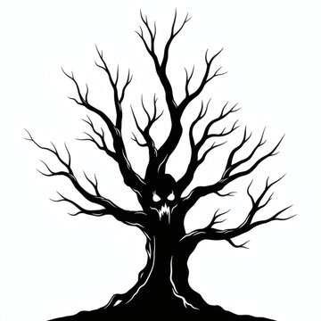 Spooky Halloween Haunted Tree Silhouette Vector Line Art