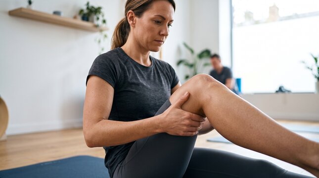 Woman performing knee physical therapy stretch on yoga mat in home gym