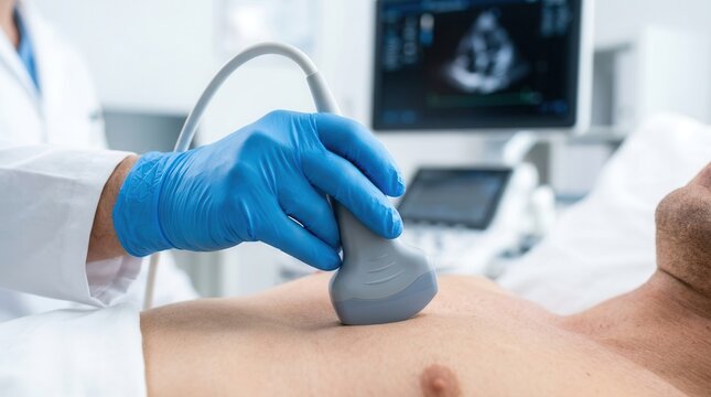 Doctor performing an echocardiography on a male patient using an ultrasound probe.