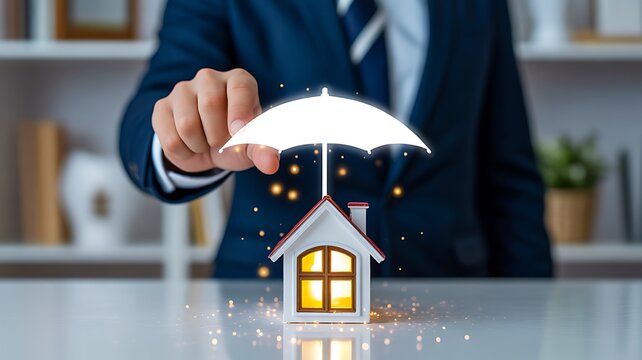 Home insurance protection concept with secure house under umbrella and financial safety