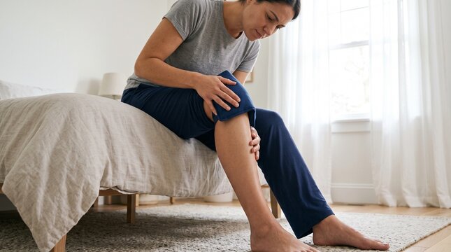 Woman sitting on bed applying a cooling gel pack to her sore knee at home