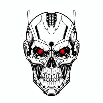 Cyborg Terminator Skull with Red Eyes.